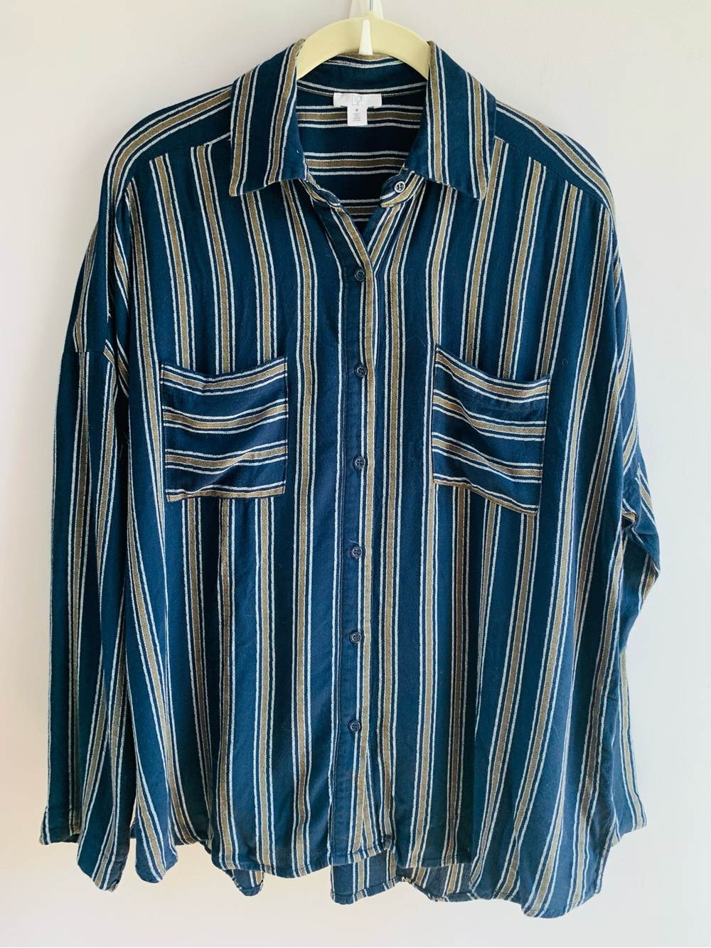 Button Up Shirt Navy Olive Stripe Soft Rayon Lightweight Business Casual EUC M